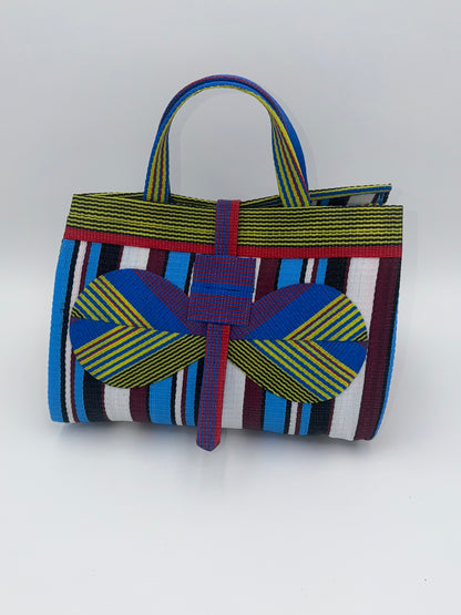 Boho Large handwoven tote bag by SCRUBIES in Yellow,Blue,White,Red with Stripes design and Bow accent pattern