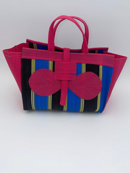 Candy Large handwoven tote bag by SCRUBIES in Pink,Blue,Black,Yellow with Stripes design and Bow accent pattern