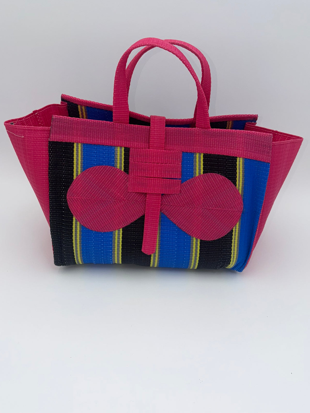 Candy Large handwoven tote bag by SCRUBIES in Pink,Blue,Black,Yellow with Stripes design and Bow accent pattern