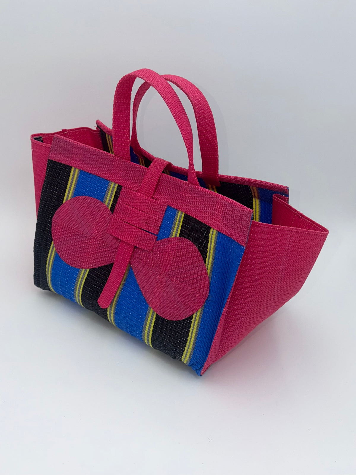 Candy Large handwoven tote bag by SCRUBIES in Pink,Blue,Black,Yellow with Stripes design and Bow accent pattern