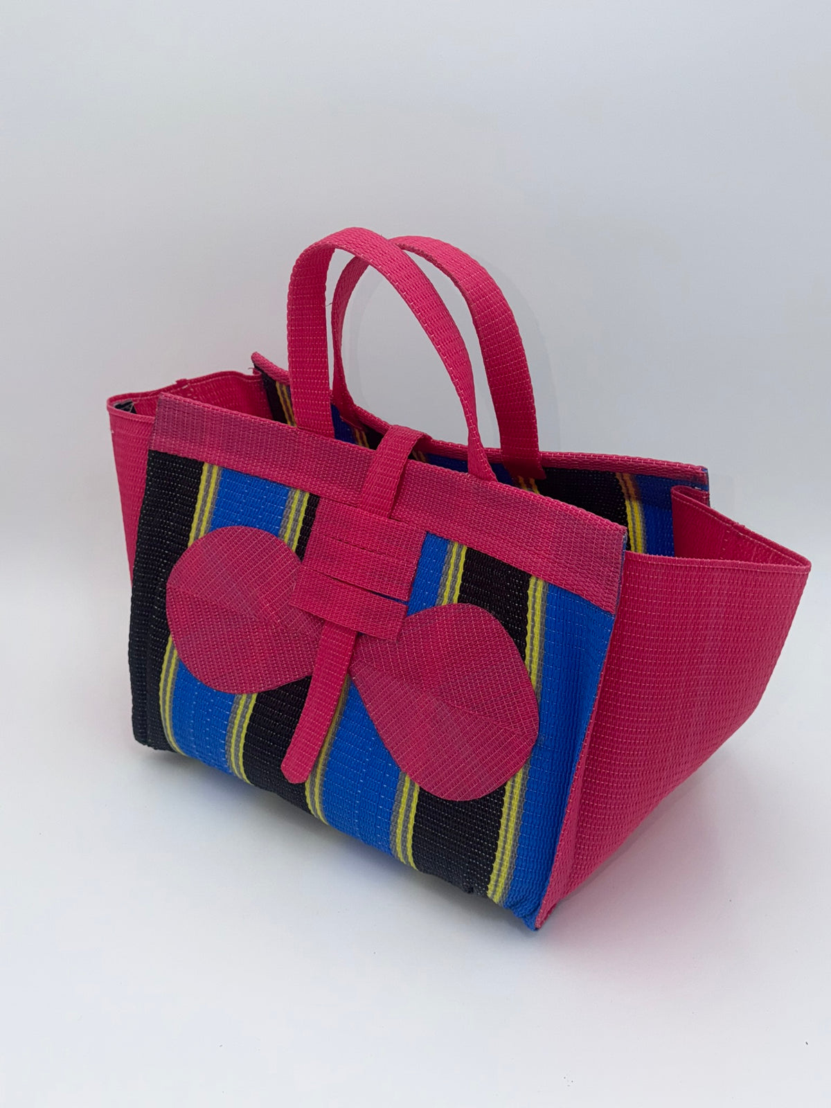 Candy Large handwoven tote bag by SCRUBIES in Pink,Blue,Black,Yellow with Stripes design and Bow accent pattern