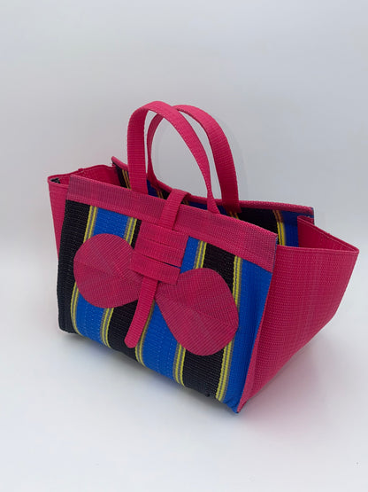 Candy Large handwoven tote bag by SCRUBIES in Pink,Blue,Black,Yellow with Stripes design and Bow accent pattern