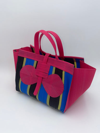 Candy Large handwoven tote bag by SCRUBIES in Pink,Blue,Black,Yellow with Stripes design and Bow accent pattern