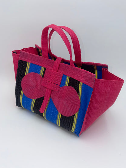 Candy Large handwoven tote bag by SCRUBIES in Pink,Blue,Black,Yellow with Stripes design and Bow accent pattern
