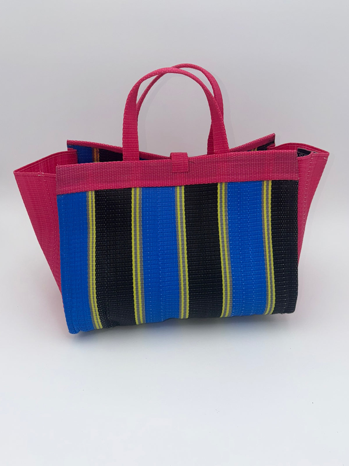Candy Large handwoven tote bag by SCRUBIES in Pink,Blue,Black,Yellow with Stripes design and Bow accent pattern