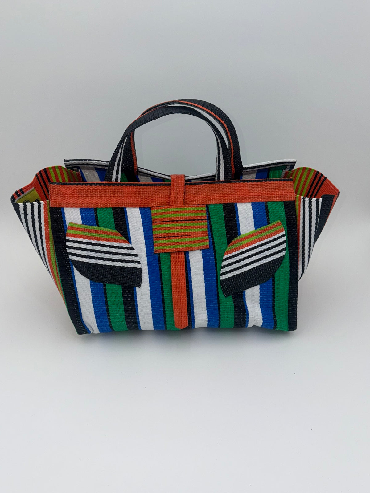 Emerald Large handwoven tote bag by SCRUBIES in Orange,White,Green,Blue with Stripes design and Leaf accent pattern