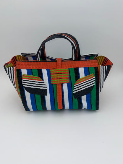 Emerald Large handwoven tote bag by SCRUBIES in Orange,White,Green,Blue with Stripes design and Leaf accent pattern