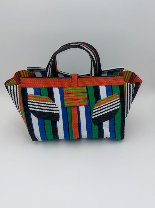 Emerald Large handwoven tote bag by SCRUBIES in Orange,White,Green,Blue with Stripes design and Leaf accent pattern