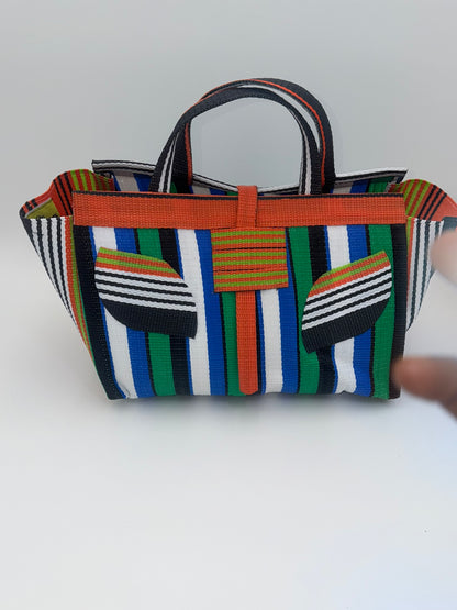 Emerald Large handwoven tote bag by SCRUBIES in Orange,White,Green,Blue with Stripes design and Leaf accent pattern