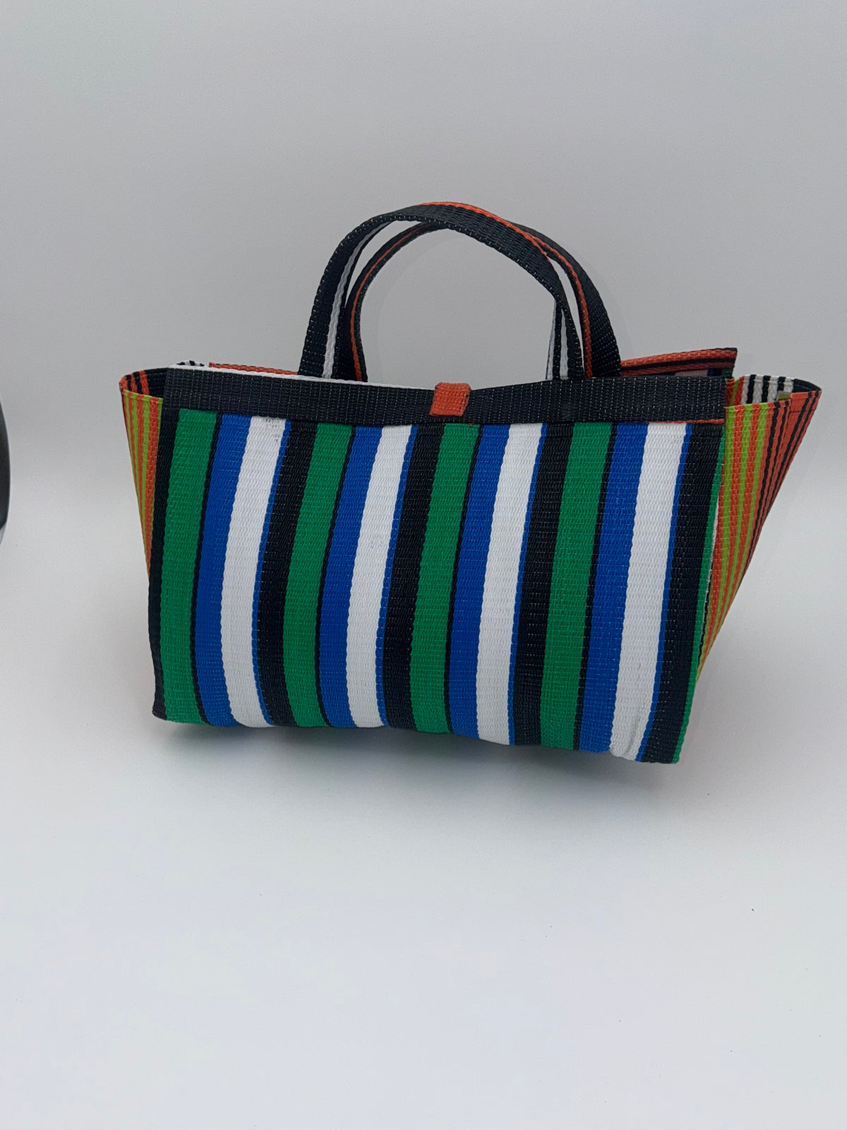 Emerald Large handwoven tote bag by SCRUBIES in Orange,White,Green,Blue with Stripes design and Leaf accent pattern