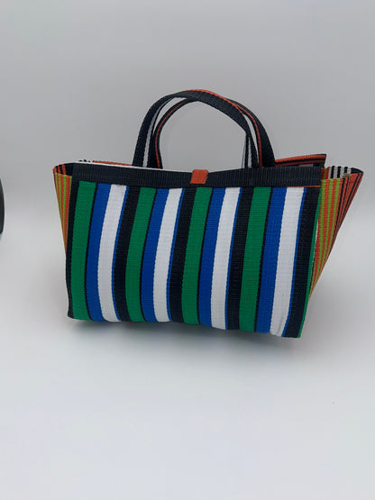 Emerald Large handwoven tote bag by SCRUBIES in Orange,White,Green,Blue with Stripes design and Leaf accent pattern