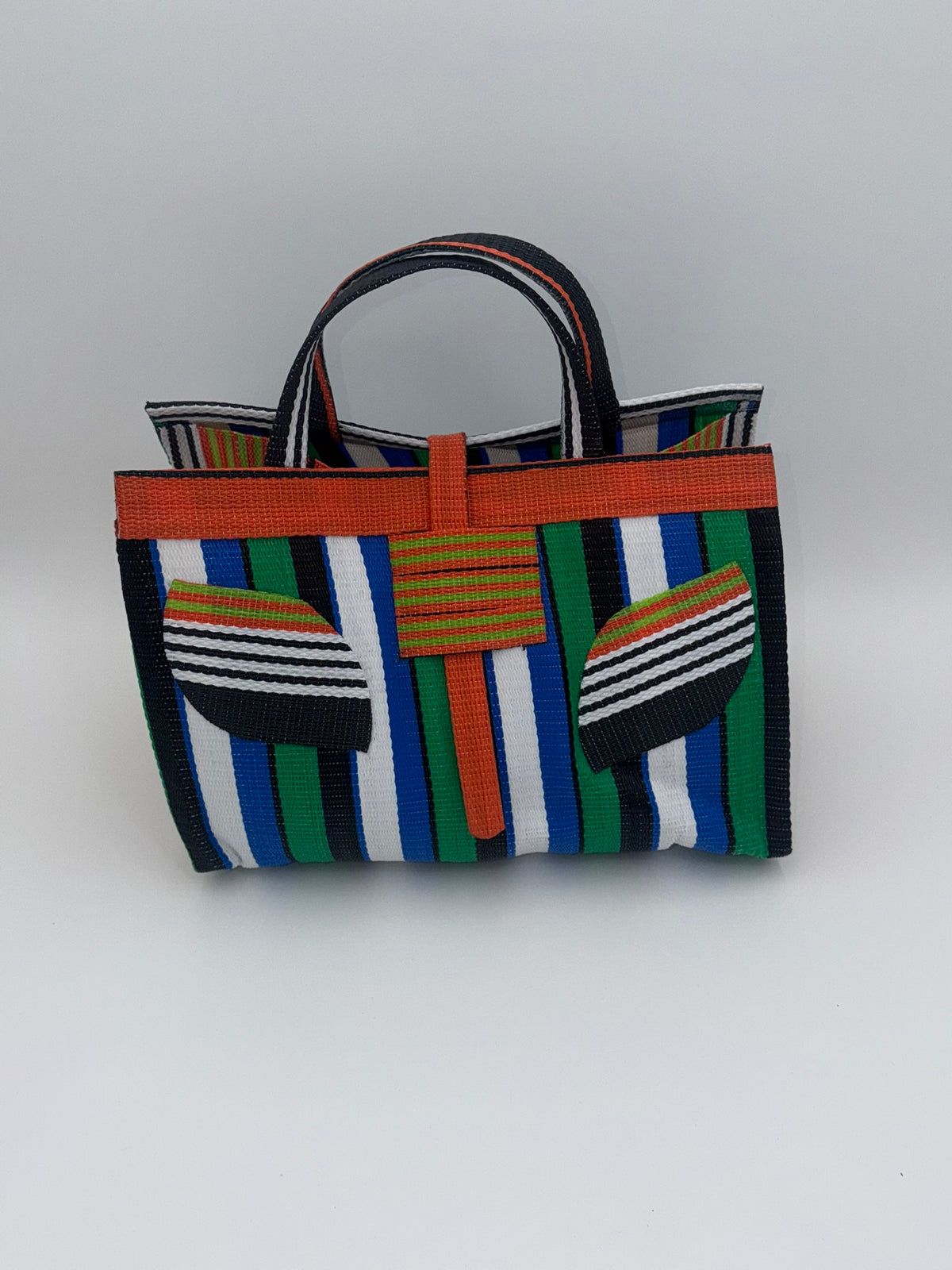 Emerald Large handwoven tote bag by SCRUBIES in Orange,White,Green,Blue with Stripes design and Leaf accent pattern