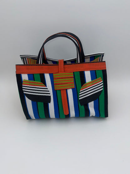 Emerald Large handwoven tote bag by SCRUBIES in Orange,White,Green,Blue with Stripes design and Leaf accent pattern