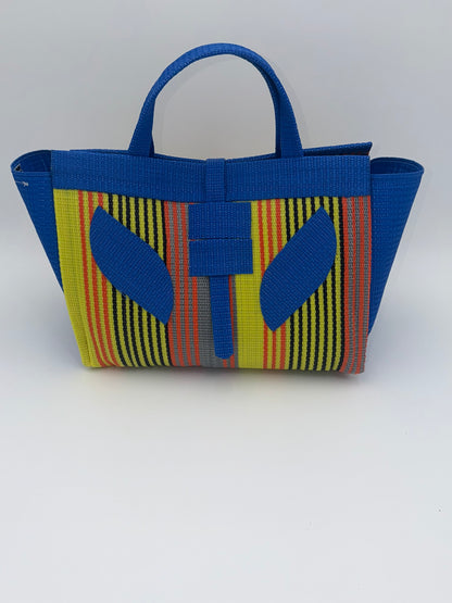 Citrus Large handwoven tote bag by SCRUBIES in Blue,Yellow,Orange with Stripes design and Leaf accent pattern