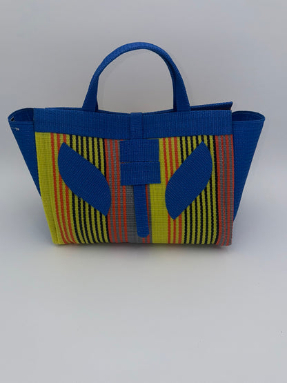 Citrus Large handwoven tote bag by SCRUBIES in Blue,Yellow,Orange with Stripes design and Leaf accent pattern