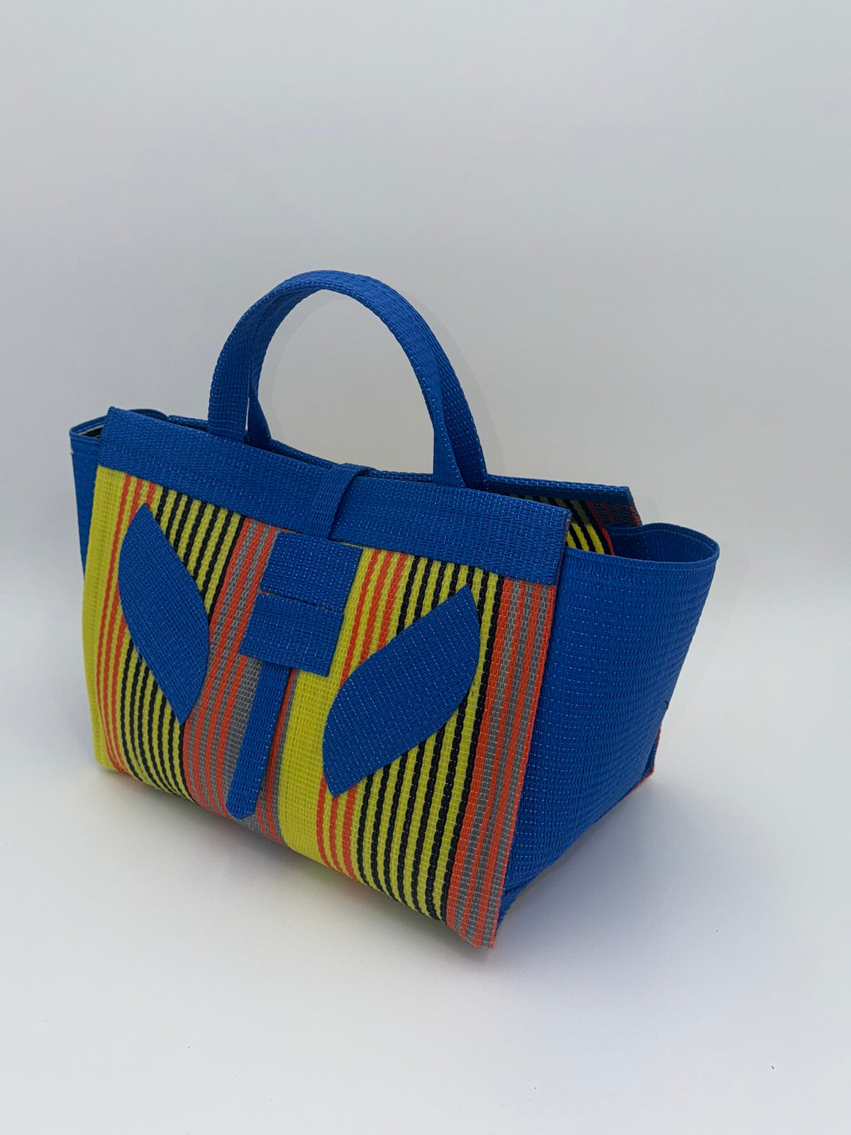 Citrus Large handwoven tote bag by SCRUBIES in Blue,Yellow,Orange with Stripes design and Leaf accent pattern