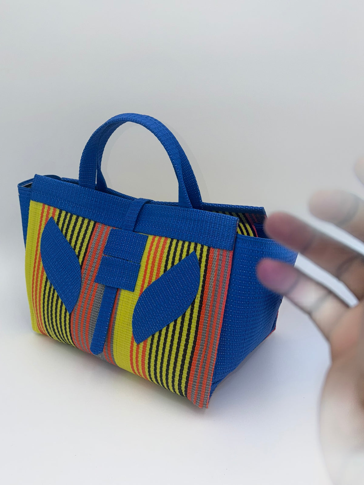 Citrus Large handwoven tote bag by SCRUBIES in Blue,Yellow,Orange with Stripes design and Leaf accent pattern