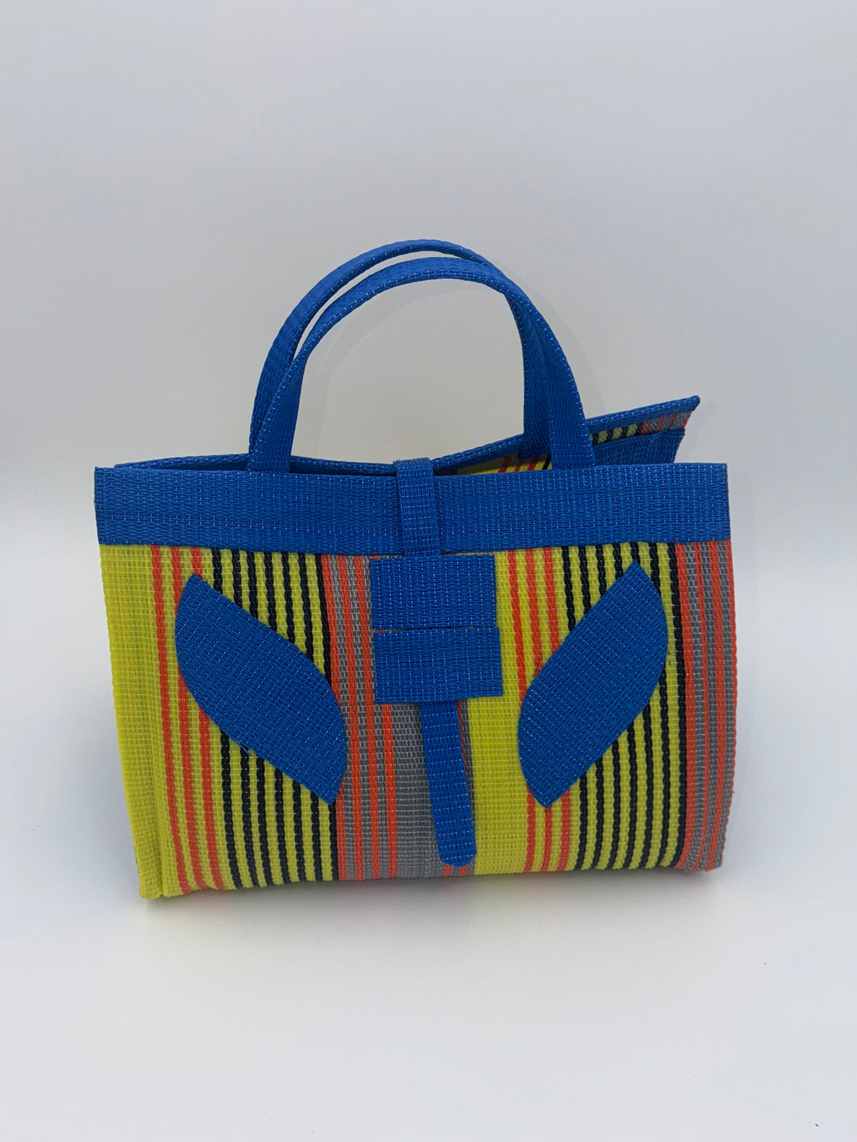 Citrus Large handwoven tote bag by SCRUBIES in Blue,Yellow,Orange with Stripes design and Leaf accent pattern
