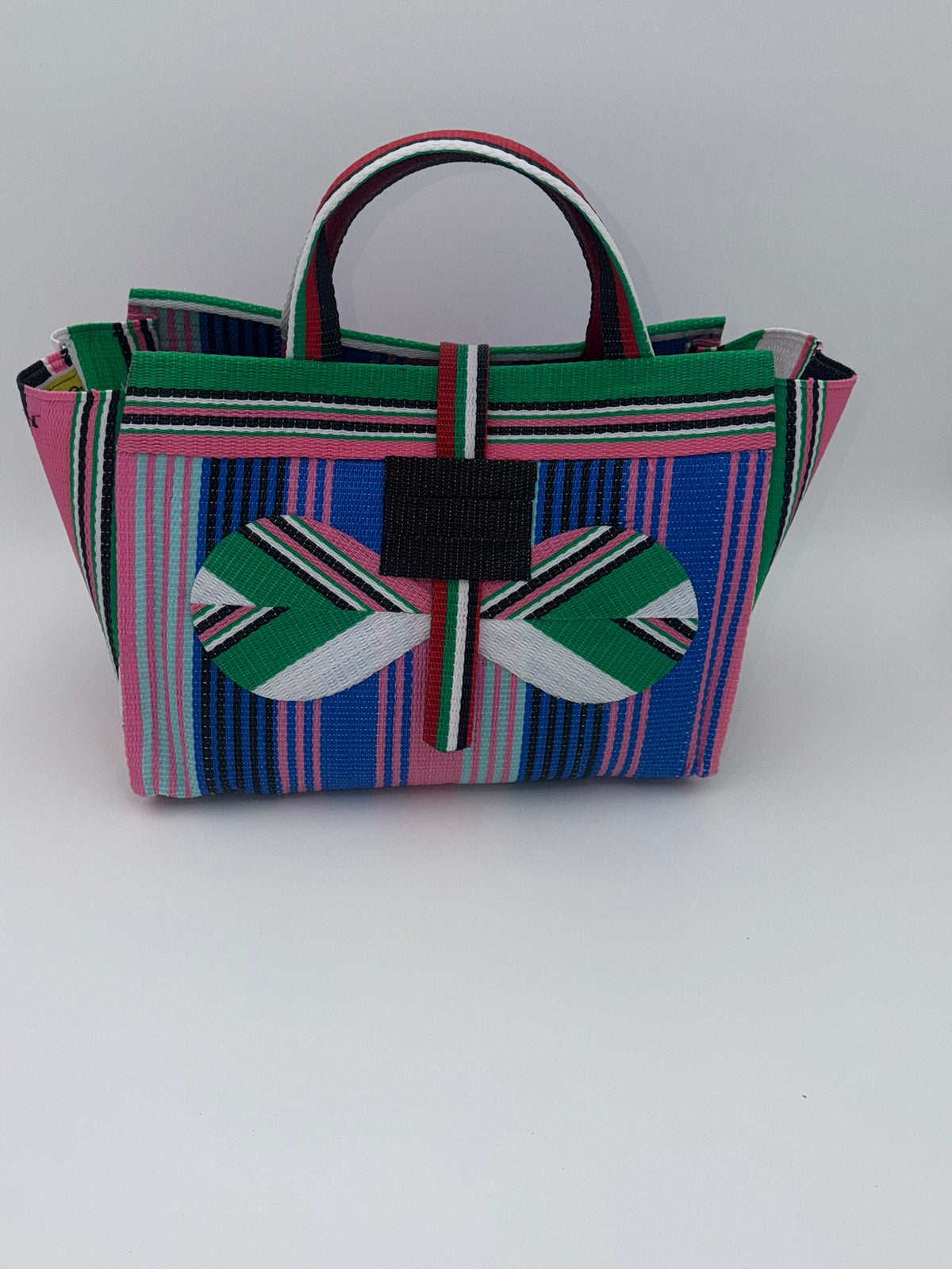 Citrus Large handwoven tote bag by SCRUBIES in Blue,Yellow,Orange with Stripes design and Leaf accent pattern
