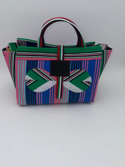 Citrus Large handwoven tote bag by SCRUBIES in Blue,Yellow,Orange with Stripes design and Leaf accent pattern