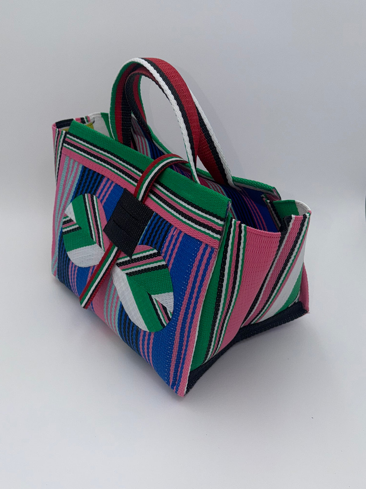 Citrus Large handwoven tote bag by SCRUBIES in Blue,Yellow,Orange with Stripes design and Leaf accent pattern