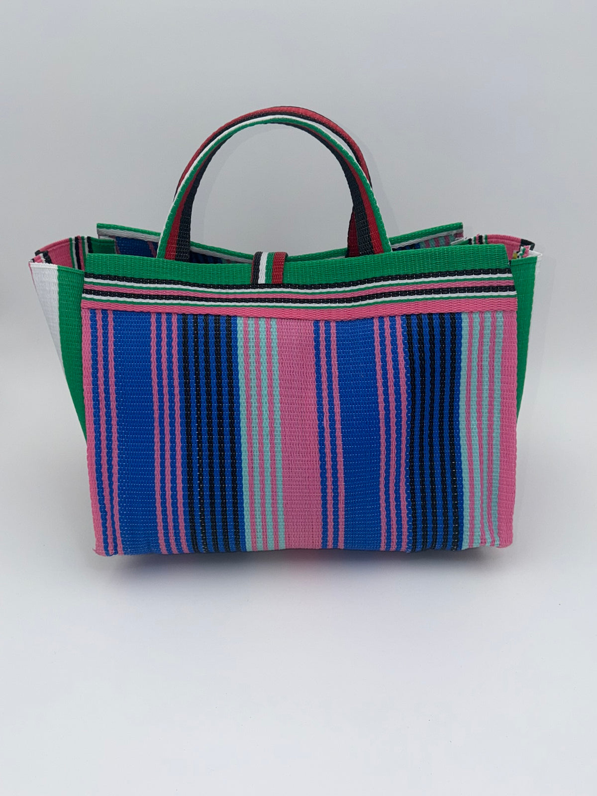 Citrus Large handwoven tote bag by SCRUBIES in Blue,Yellow,Orange with Stripes design and Leaf accent pattern