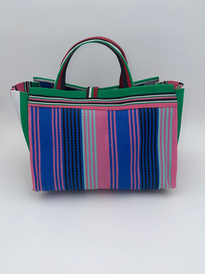 Citrus Large handwoven tote bag by SCRUBIES in Blue,Yellow,Orange with Stripes design and Leaf accent pattern
