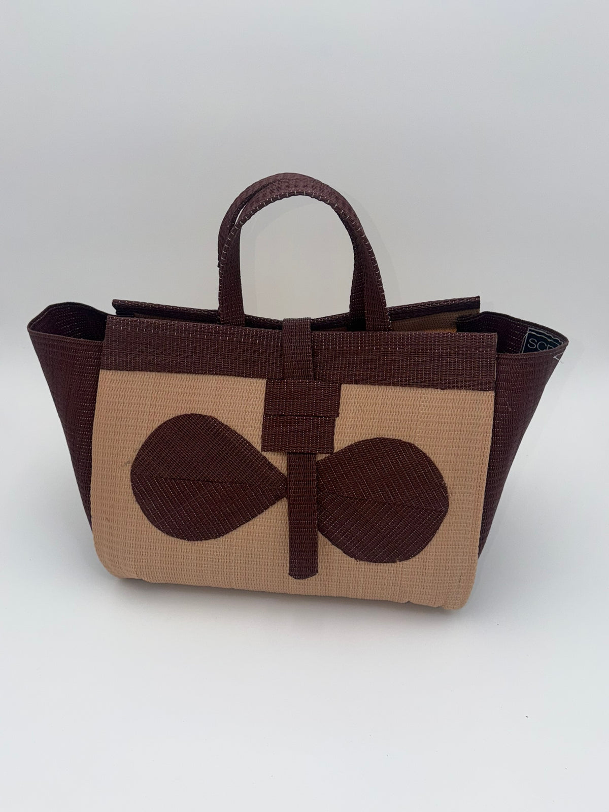 Caramel Large handwoven tote bag by SCRUBIES in Beige,Brown with Solid design and Bow accent pattern