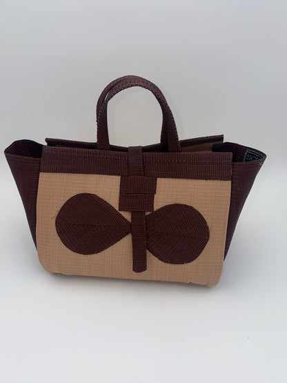 Caramel Large handwoven tote bag by SCRUBIES in Beige,Brown with Solid design and Bow accent pattern