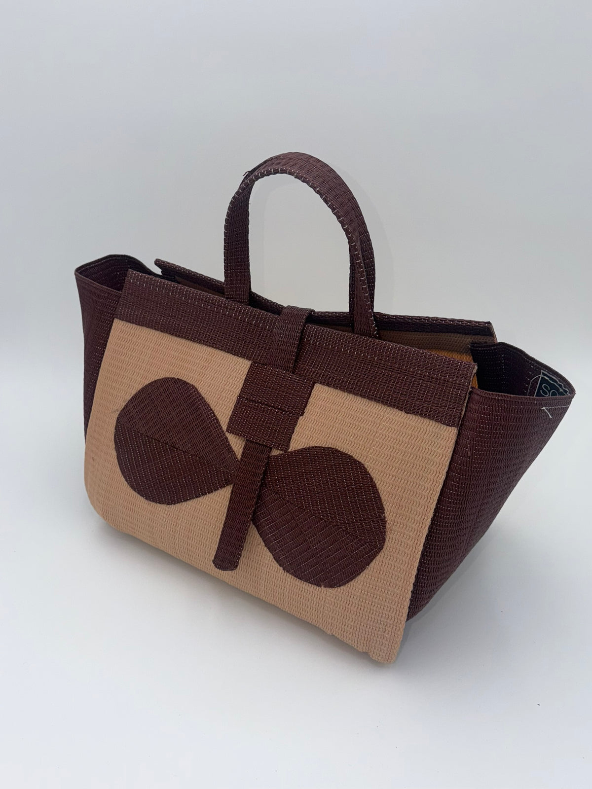 Caramel Large handwoven tote bag by SCRUBIES in Beige,Brown with Solid design and Bow accent pattern