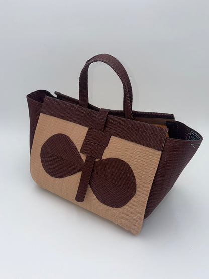 Caramel Large handwoven tote bag by SCRUBIES in Beige,Brown with Solid design and Bow accent pattern