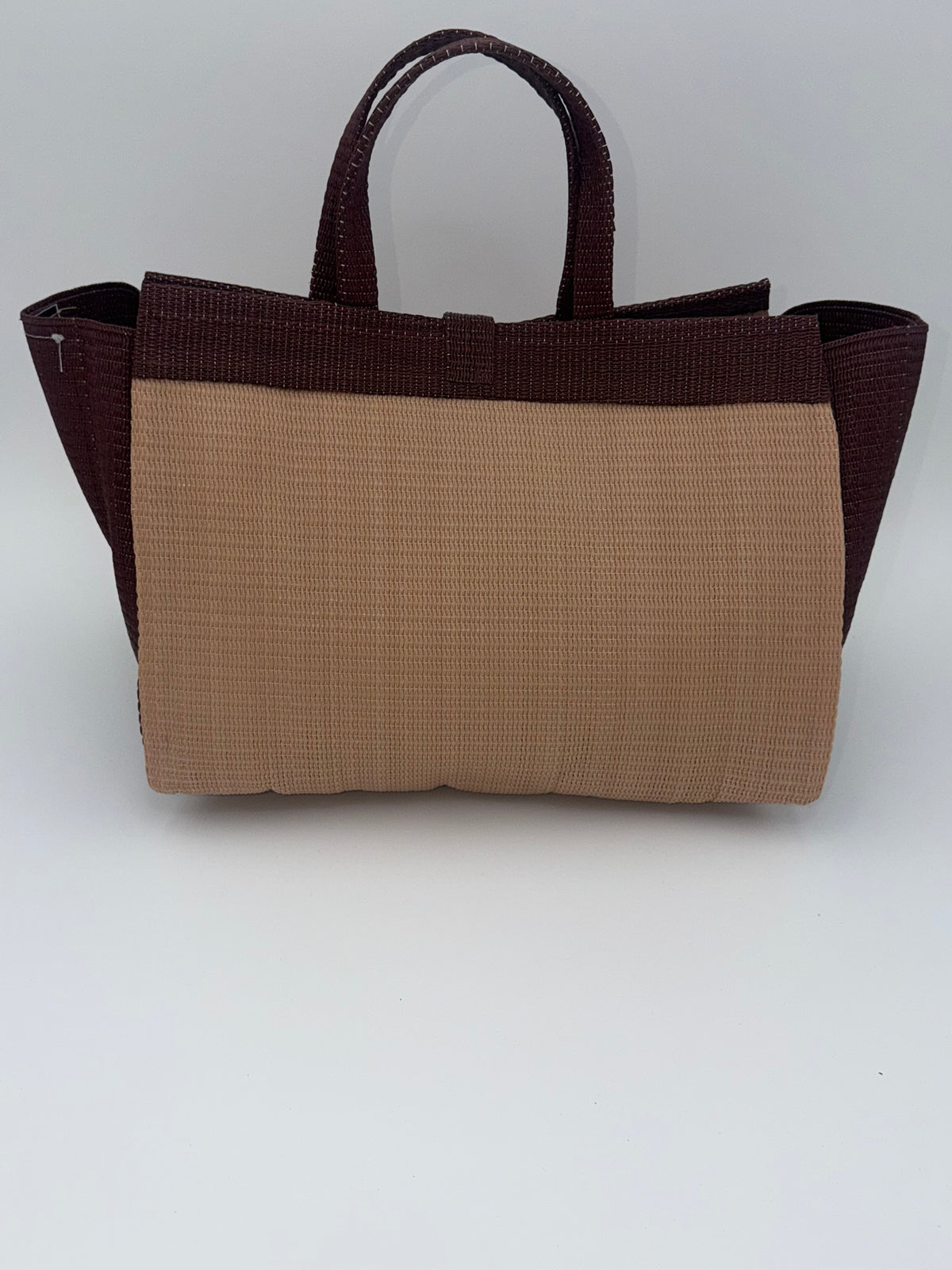 Caramel Large handwoven tote bag by SCRUBIES in Beige,Brown with Solid design and Bow accent pattern