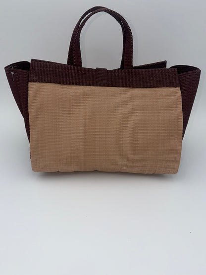 Caramel Large handwoven tote bag by SCRUBIES in Beige,Brown with Solid design and Bow accent pattern