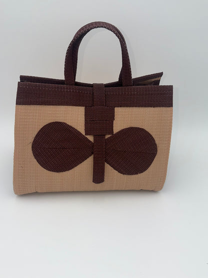 Caramel Large handwoven tote bag by SCRUBIES in Beige,Brown with Solid design and Bow accent pattern