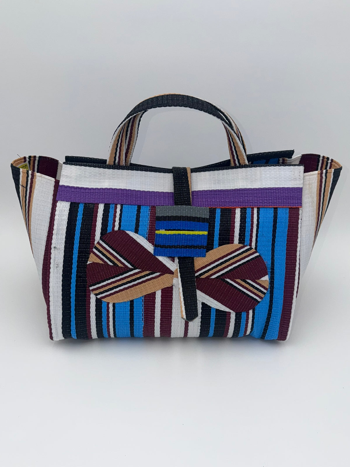 Boho Large handwoven tote bag by SCRUBIES in White,Blue,Wine,Beige with Stripes design and Bow accent pattern