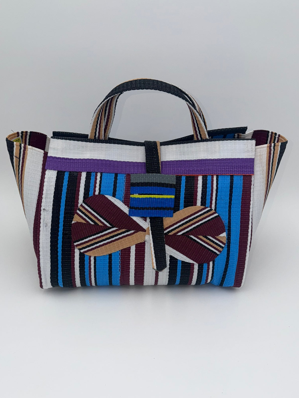 Boho Large handwoven tote bag by SCRUBIES in White,Blue,Wine,Beige with Stripes design and Bow accent pattern