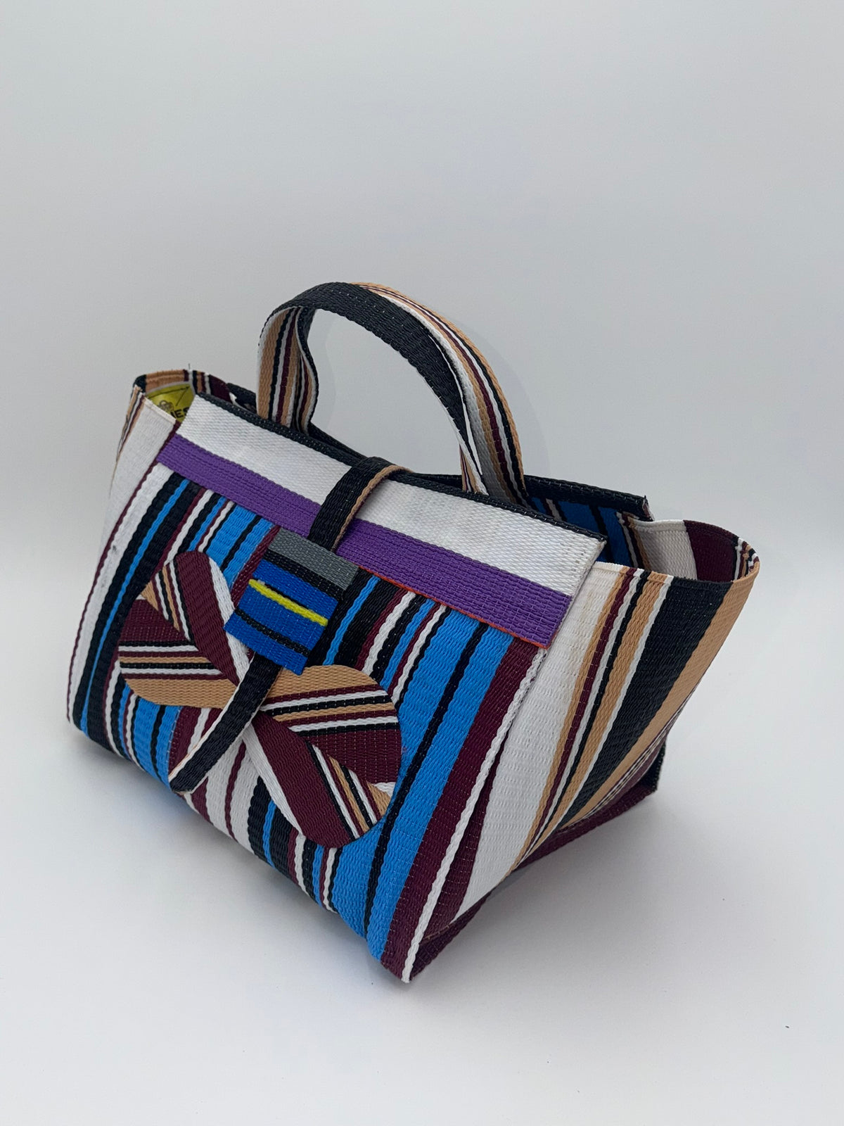 Boho Large handwoven tote bag by SCRUBIES in White,Blue,Wine,Beige with Stripes design and Bow accent pattern