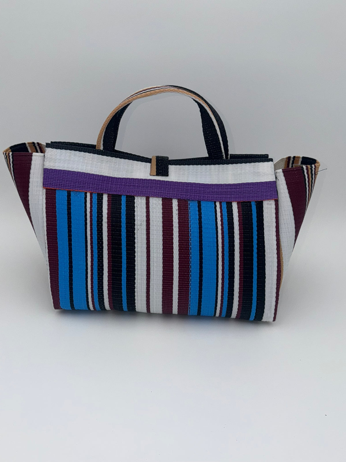 Boho Large handwoven tote bag by SCRUBIES in White,Blue,Wine,Beige with Stripes design and Bow accent pattern