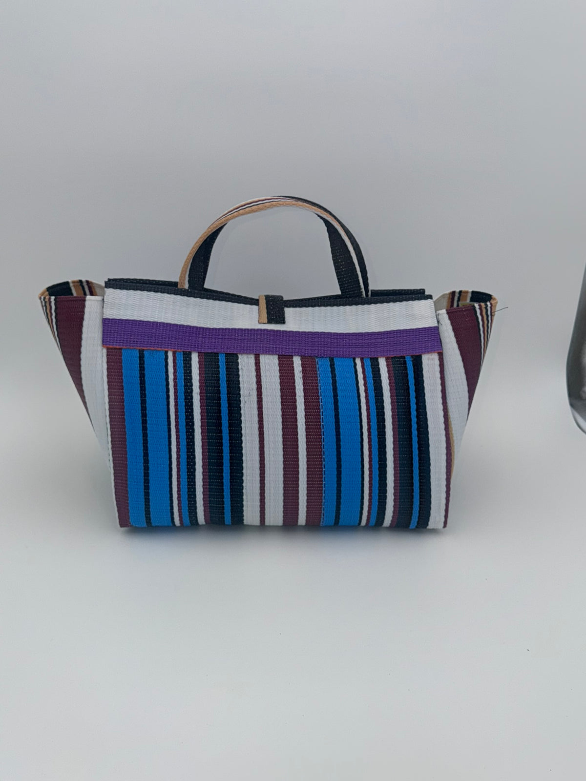 Boho Large handwoven tote bag by SCRUBIES in White,Blue,Wine,Beige with Stripes design and Bow accent pattern