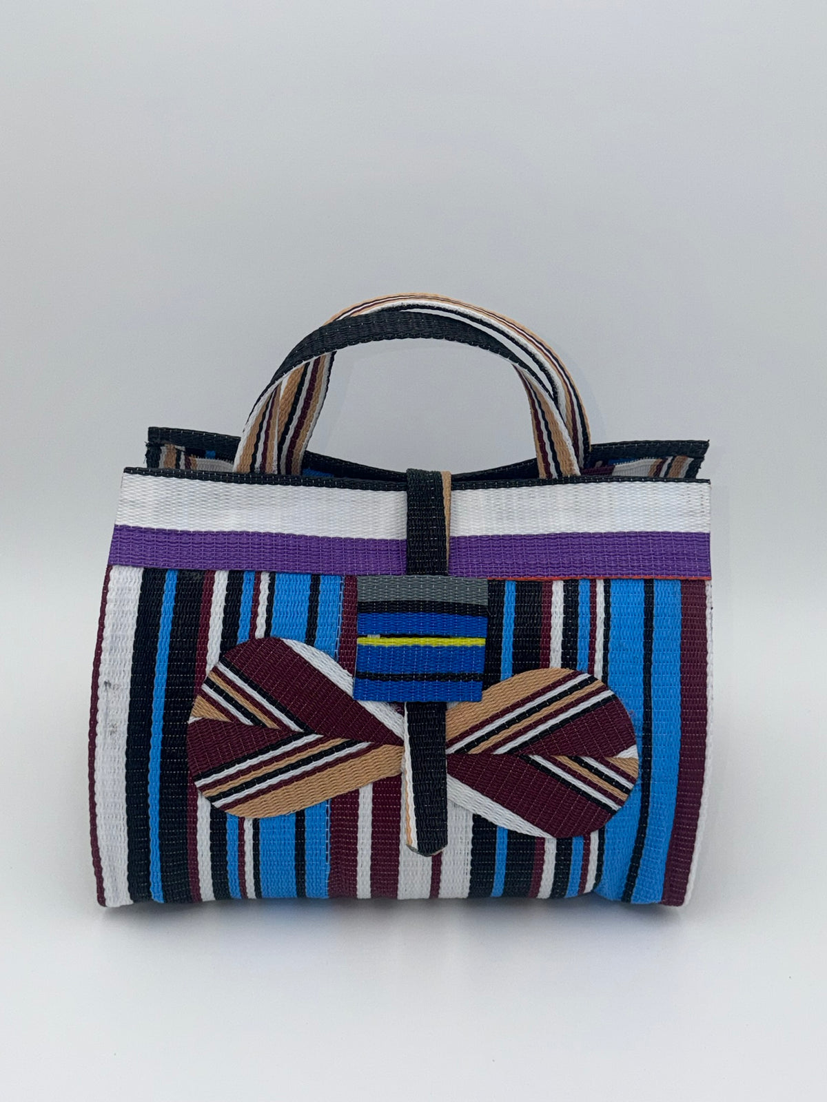 Boho Large handwoven tote bag by SCRUBIES in White,Blue,Wine,Beige with Stripes design and Bow accent pattern