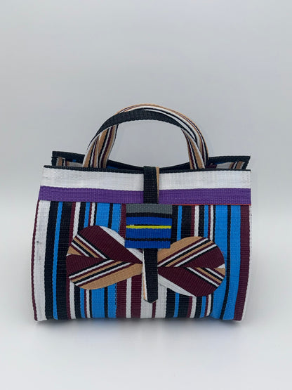 Boho Large handwoven tote bag by SCRUBIES in White,Blue,Wine,Beige with Stripes design and Bow accent pattern