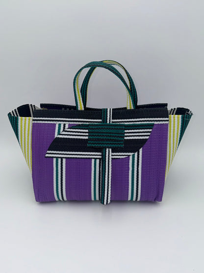 Lavender Large handwoven tote bag by SCRUBIES in Purple,White,Black with Stripes design and Almond accent pattern