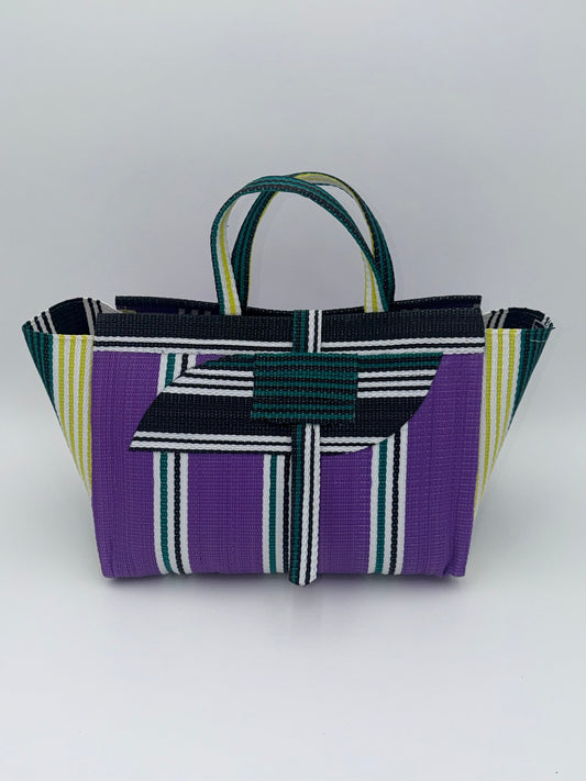 Lavender Large handwoven tote bag by SCRUBIES in Purple,White,Black with Stripes design and Almond accent pattern