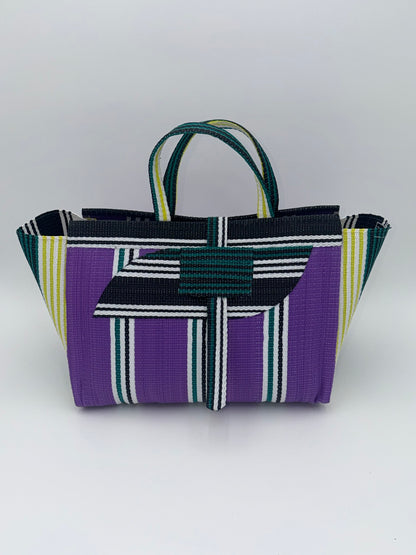 Lavender Large handwoven tote bag by SCRUBIES in Purple,White,Black with Stripes design and Almond accent pattern