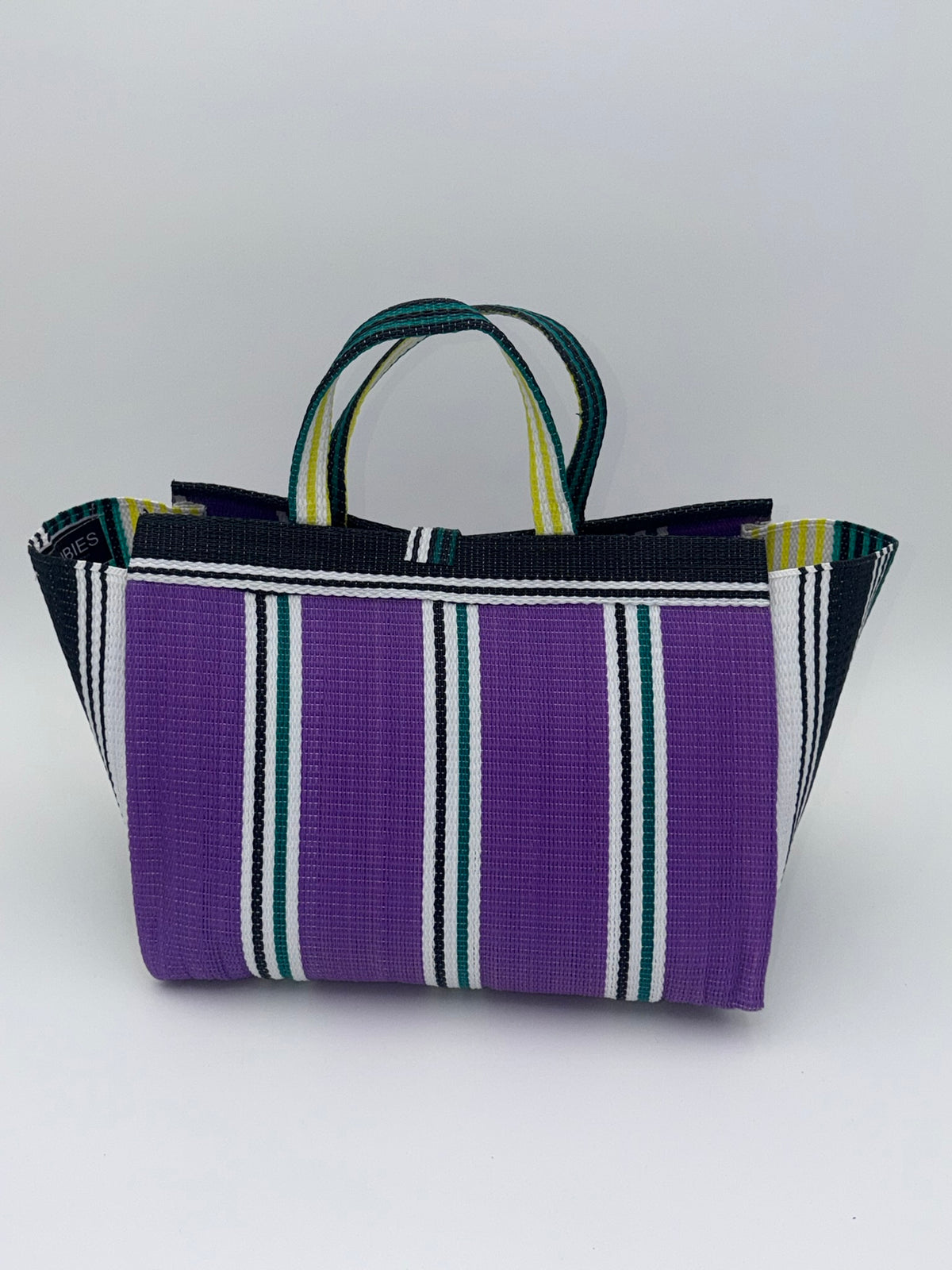 Lavender Large handwoven tote bag by SCRUBIES in Purple,White,Black with Stripes design and Almond accent pattern