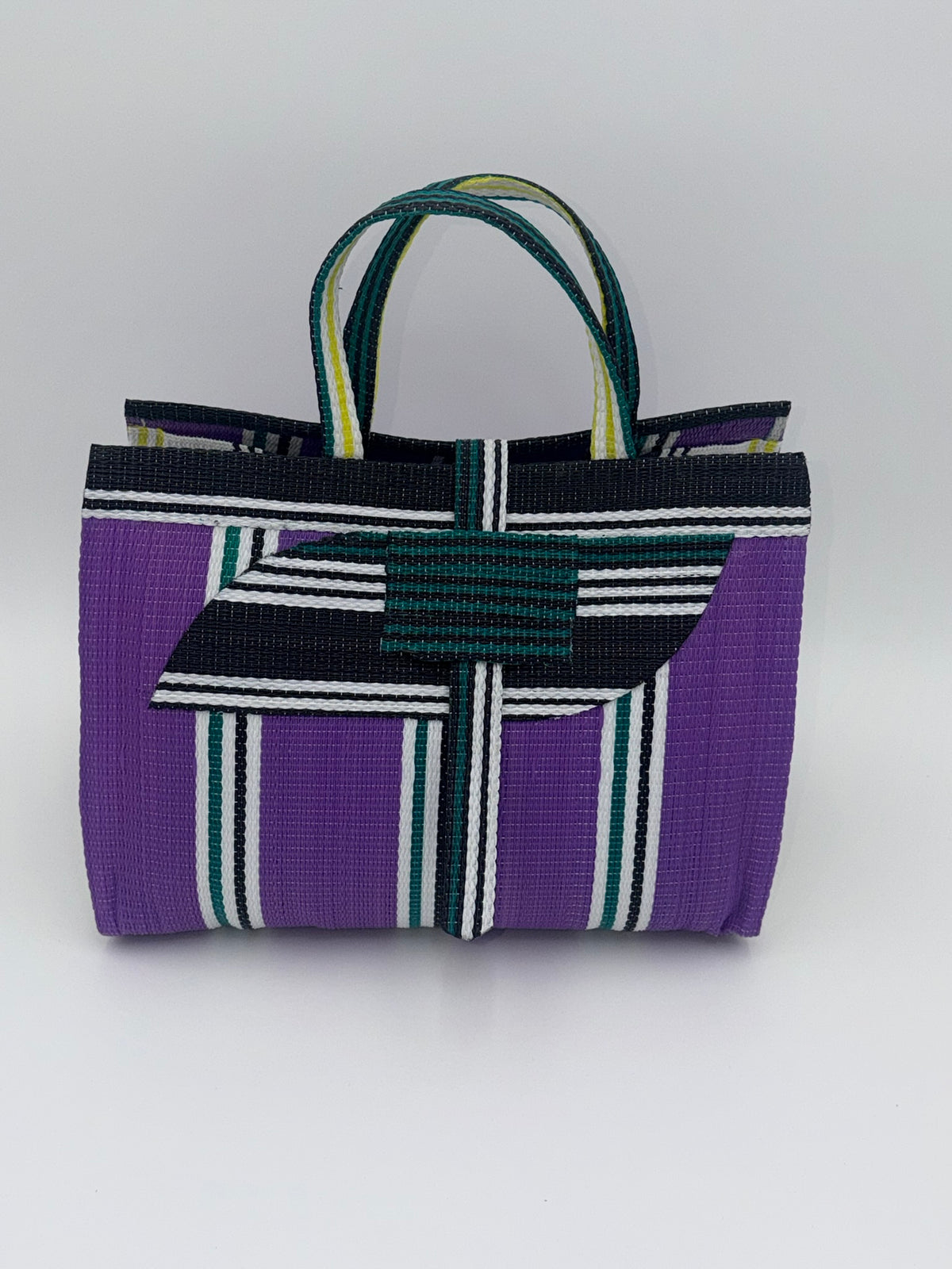 Lavender Large handwoven tote bag by SCRUBIES in Purple,White,Black with Stripes design and Almond accent pattern