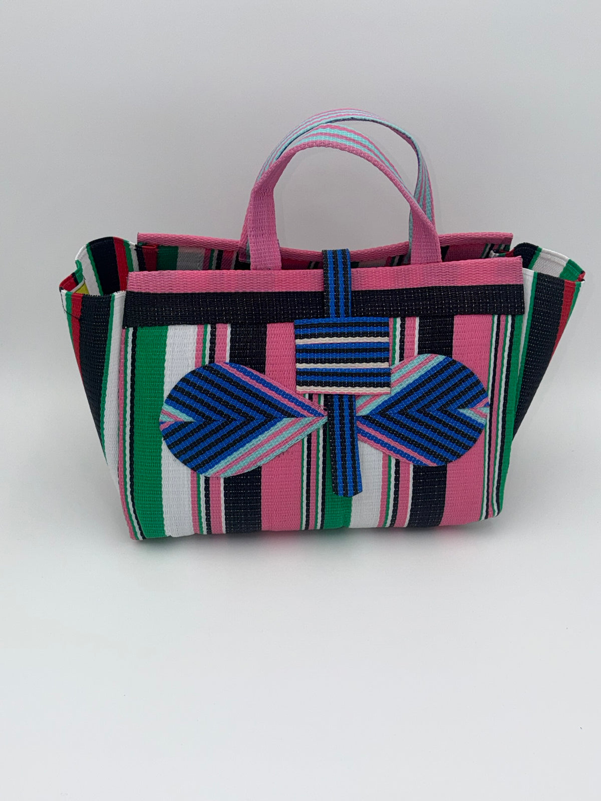 Candy Large handwoven tote bag by SCRUBIES in Pink,Blue,Green,White with Stripes design and Bow accent pattern