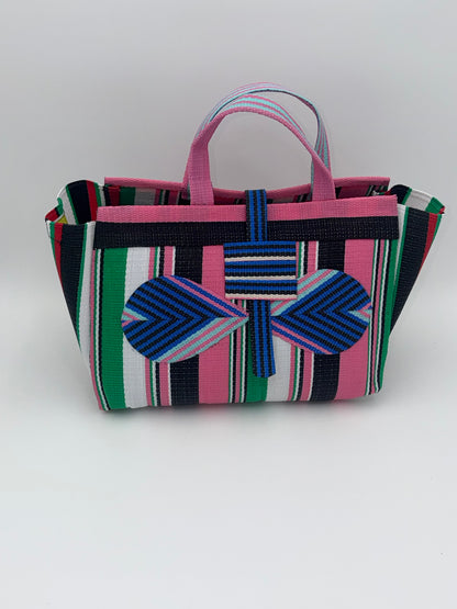 Candy Large handwoven tote bag by SCRUBIES in Pink,Blue,Green,White with Stripes design and Bow accent pattern