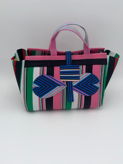 Candy Large handwoven tote bag by SCRUBIES in Pink,Blue,Green,White with Stripes design and Bow accent pattern