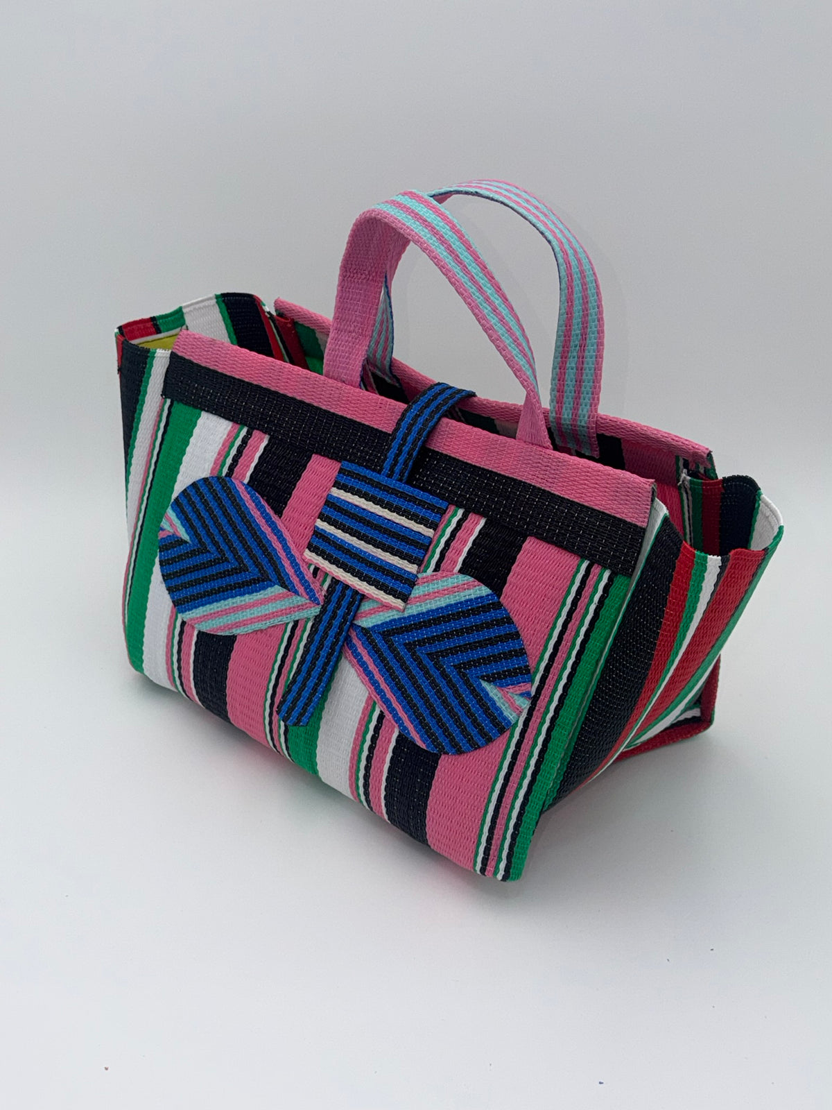 Candy Large handwoven tote bag by SCRUBIES in Pink,Blue,Green,White with Stripes design and Bow accent pattern